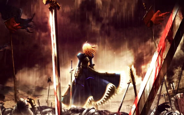 HD desktop wallpaper featuring Saber from Fate/Stay Night standing amidst a battlefield with a dramatic sky background.