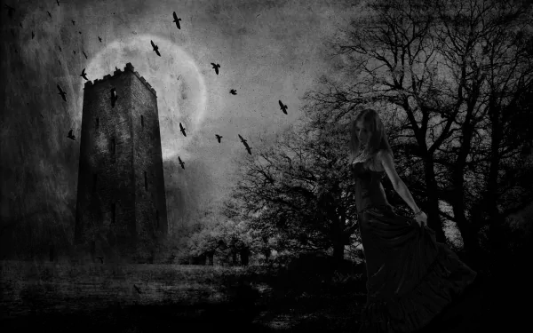 A dark gothic scene featuring a towering castle under a full moon, silhouetted trees, and a figure in a flowing dress, creating an eerie and atmospheric HD wallpaper.