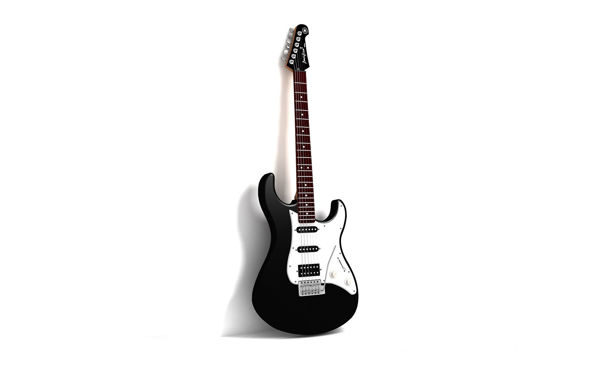 HD PC desktop wallpaper featuring a black and white electric guitar against a plain white background, highlighting music and guitar themes.