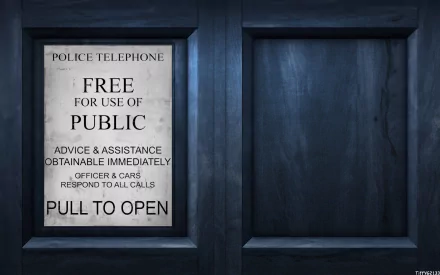 A high-definition desktop wallpaper featuring the iconic Police Box from *Doctor Who (2005)*, showcasing the sign that reads Free for use of public.