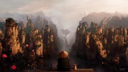 A serene fantasy landscape featuring majestic mountains and a tranquil figure with an umbrella, accompanied by a small animal, set against a breathtaking backdrop. HD wallpaper quality.