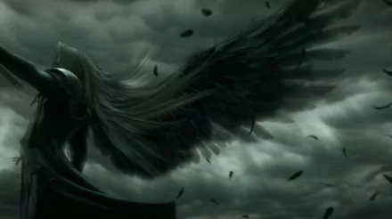 Sephiroth from Final Fantasy VII: Advent Children stands with outstretched wings against a dramatic stormy backdrop, captured in a stunning HD wallpaper.