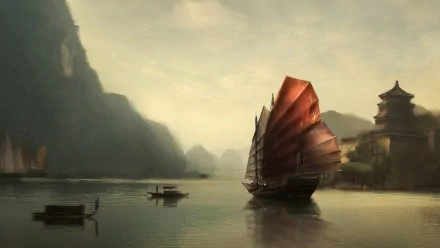 A majestic fantasy ship with red sails glides through a serene waterway, flanked by towering mountains and a traditional structure, creating a captivating HD desktop background.