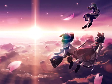 An HD desktop wallpaper featuring Reimu Hakurei, Sakuya Izayoi, and Marisa Kirisame from Touhou, soaring through a vibrant sunset sky with clouds and petals.