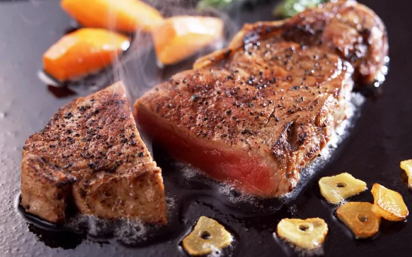 Close-up of a sizzling seasoned steak and garlic slices cooking on a grill, captured in HD as a PC desktop wallpaper background.