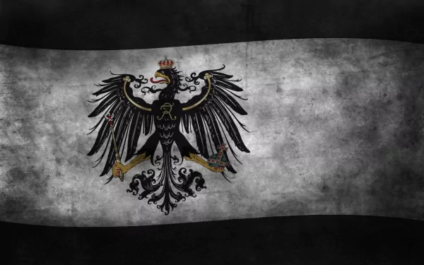 HD desktop wallpaper featuring the historic black and white Flag of Prussia with the iconic crowned eagle emblem centered on a textured background.
