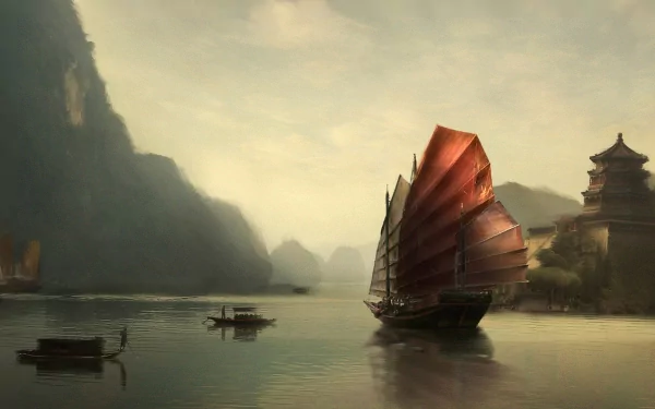 A majestic fantasy ship with red sails glides through a serene waterway, flanked by towering mountains and a traditional structure, creating a captivating HD desktop background.