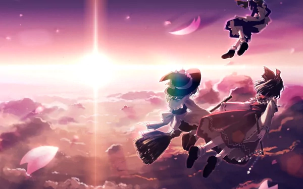 An HD desktop wallpaper featuring Reimu Hakurei, Sakuya Izayoi, and Marisa Kirisame from Touhou, soaring through a vibrant sunset sky with clouds and petals.