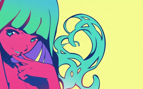 Vibrant HD anime wallpaper featuring Stocking Anarchy from Panty & Stocking with Garterbelt with bold colors and stylized design on a bright yellow background.