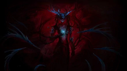 Dark demon with glowing blue eyes and twisted antlers emerges from shadowy red background in this HD PC desktop wallpaper.