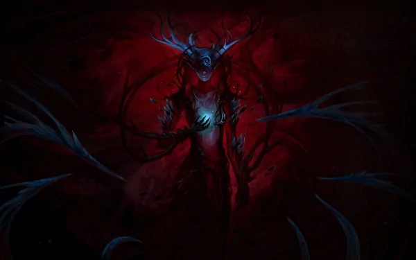 Dark demon with glowing blue eyes and twisted antlers emerges from shadowy red background in this HD PC desktop wallpaper.