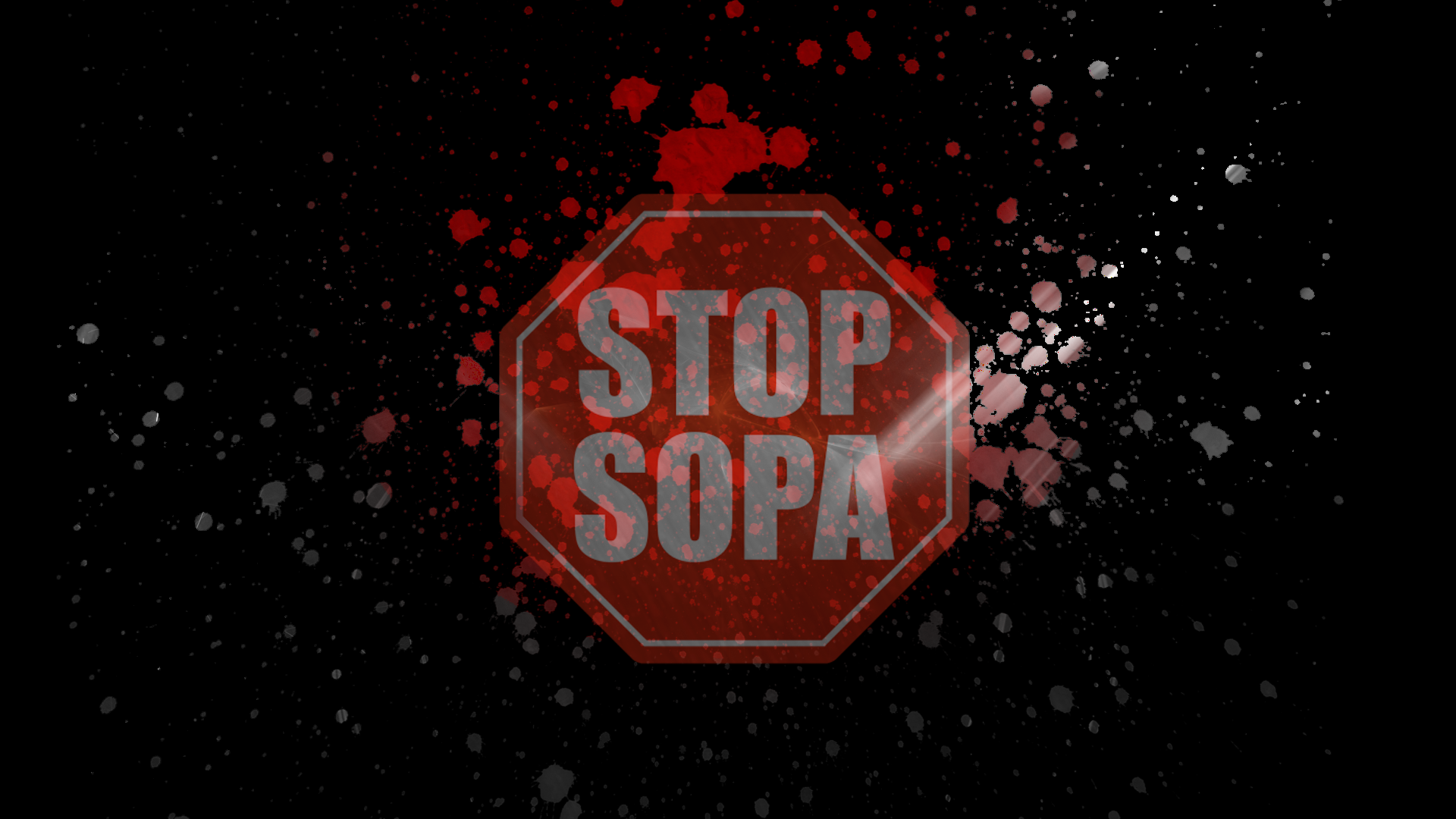 A striking HD desktop wallpaper featuring a red STOP SOPA sign against a splattered dark background, symbolizing resistance against internet censorship and promoting online freedom.