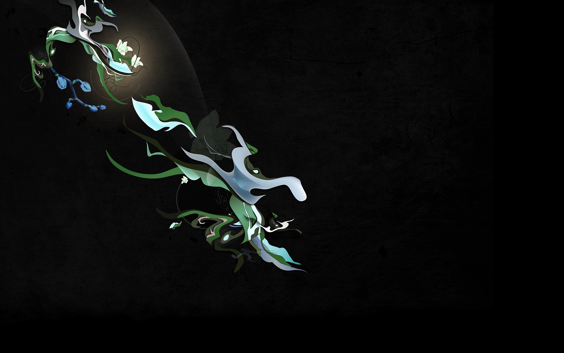 Artistic abstract HD PC desktop wallpaper/background: flowing green, white and blue organic ribbons and glowing orbs cascading across a deep black canvas.