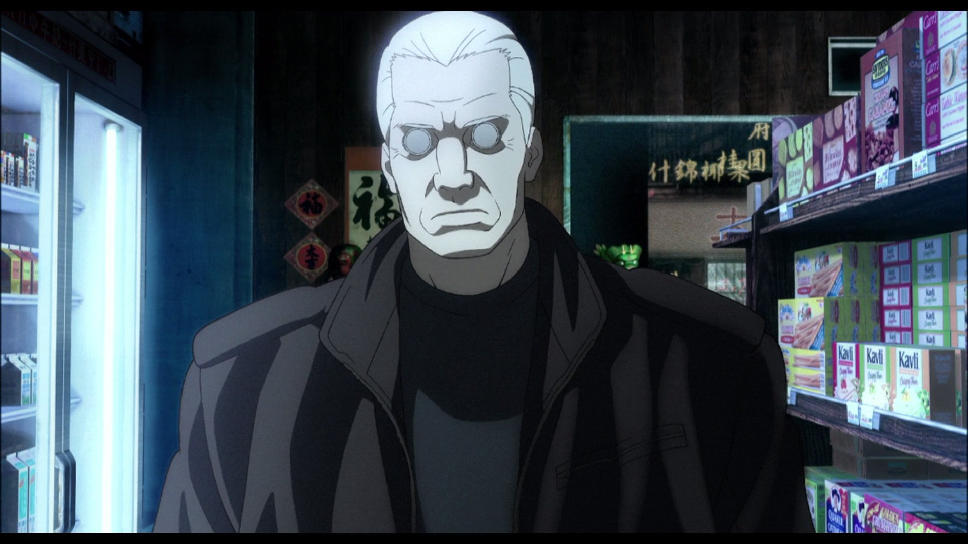 HD PC desktop wallpaper from the anime Ghost in the Shell featuring a stern, white-haired character in a dark coat inside a dimly lit convenience store.
