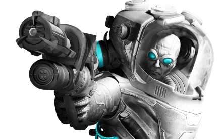 HD PC desktop wallpaper featuring a detailed character from the video game Batman: Arkham City, showcasing a futuristic armored figure with glowing blue accents.