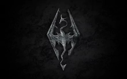 HD desktop wallpaper featuring the emblem from The Elder Scrolls V: Skyrim against a dark, textured background.