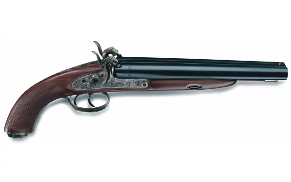 A detailed image of a howdah hunter flintlock pistol, showcasing its elegant design with a wooden grip and dual barrels, set against a clean background for a striking HD wallpaper.
