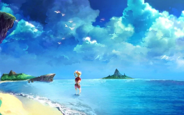 HD PC desktop wallpaper featuring Marle from the video game Chrono Trigger standing on a serene beach with blue skies and distant islands.
