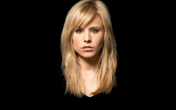 HD desktop wallpaper featuring a close-up portrait of celebrity Kristen Bell with blonde hair against a black background.