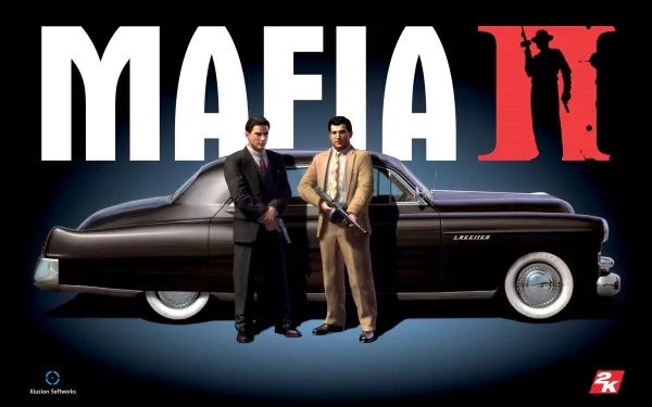 HD desktop wallpaper featuring characters from the video game Mafia: The City of Lost Heaven, standing in front of a vintage car with the game's logo prominently displayed.