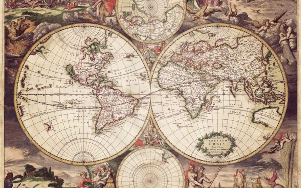Vintage-style world map featuring three globes surrounded by ornate illustrations, offering an artistic backdrop for a PC desktop wallpaper and background.