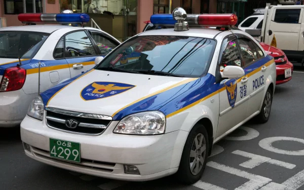 4K Ultra HD PC desktop wallpaper background showing a parked police vehicle — white patrol car with blue and yellow markings and red/blue roof lights