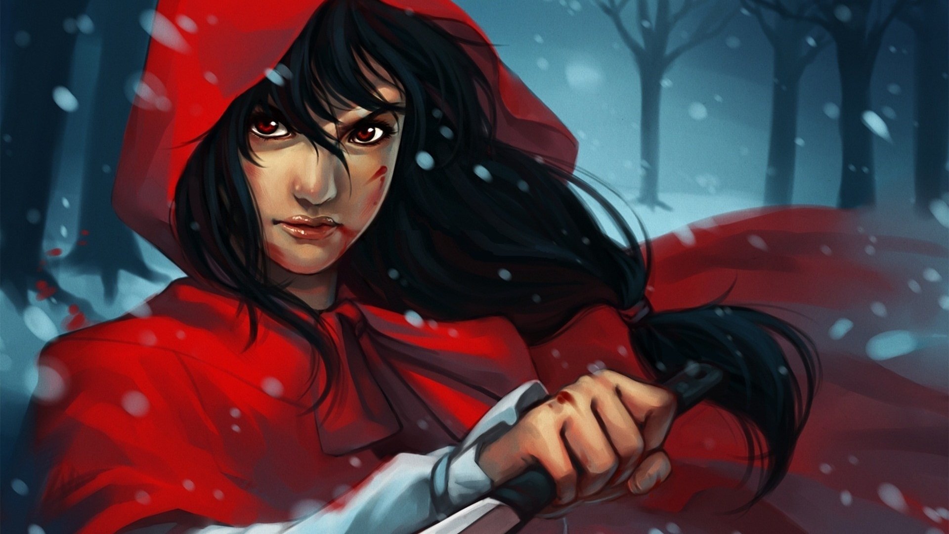HD PC desktop wallpaper featuring a fantasy woman warrior with dark hair and a red cloak, gripping a sword amidst a snowy forest background.