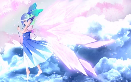 A serene image of Cirno from Touhou, featuring her with blue hair and eyes, wearing a crystal dress. Surrounded by sakura petals, clouds, and water, she showcases her fairy wings and headphones.