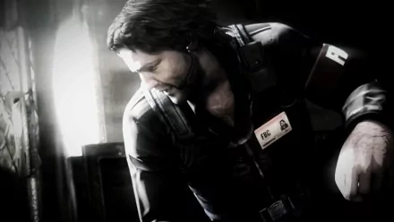 Grayscale HD PC desktop wallpaper/background of Parker Luciani from the video game Resident Evil: Revelations — tactical-clad man in a shadowed, cinematic close-up.