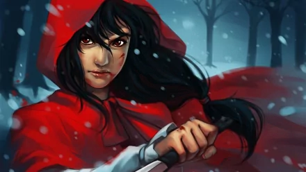 HD PC desktop wallpaper featuring a fantasy woman warrior with dark hair and a red cloak, gripping a sword amidst a snowy forest background.