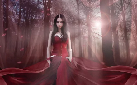 A dark, gothic HD desktop wallpaper featuring a woman in a red dress standing in an eerie, misty forest.