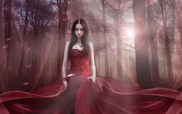A dark, gothic HD desktop wallpaper featuring a woman in a red dress standing in an eerie, misty forest.
