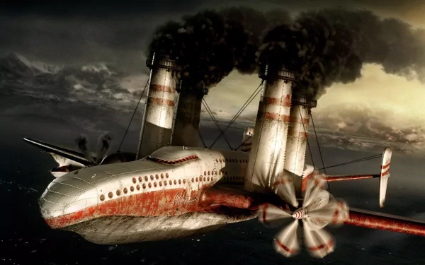HD desktop wallpaper of a sci-fi, steampunk aircraft with large smokestacks and propellers, flying in a dramatic sky.