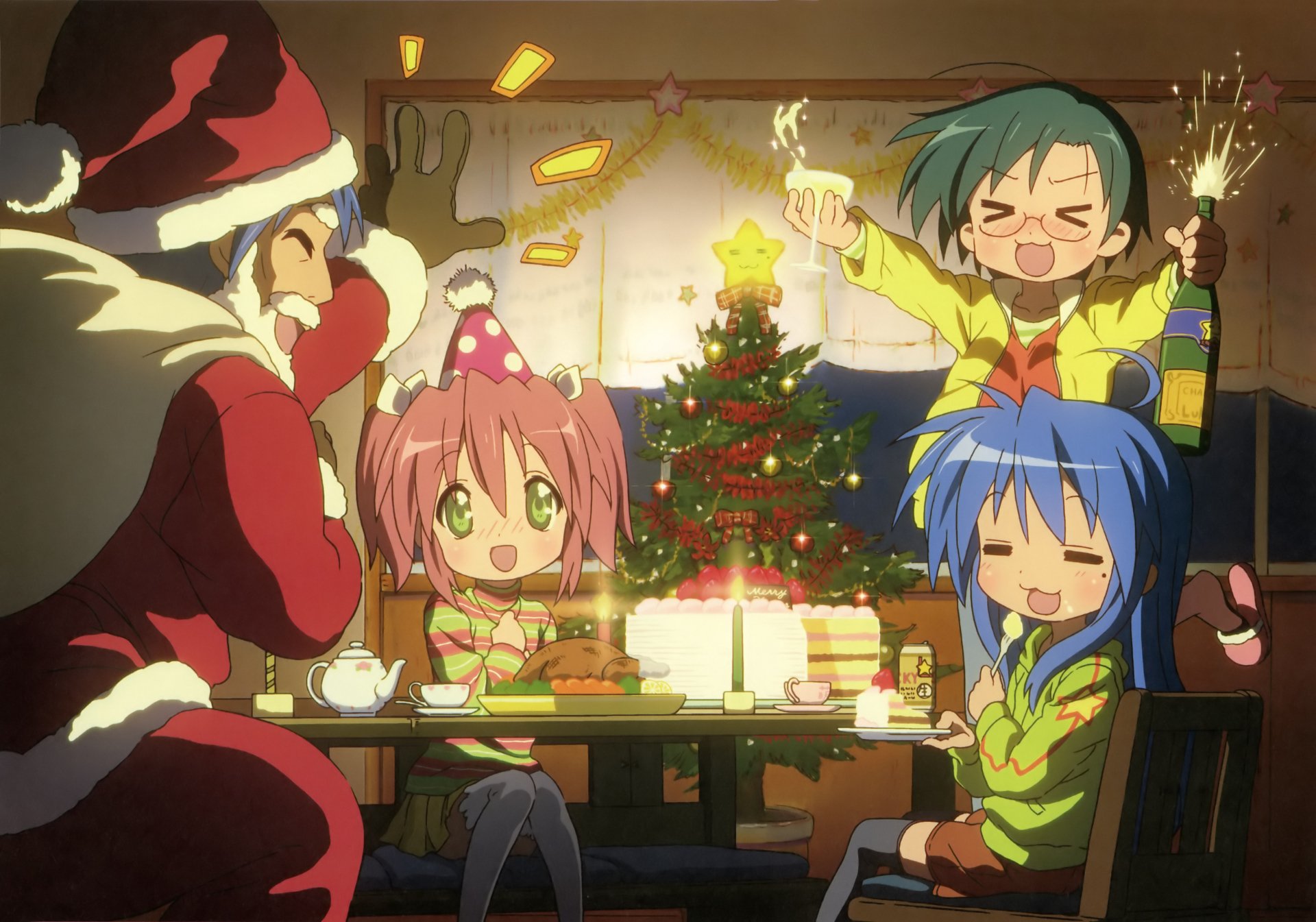 A festive scene featuring Yui Narumi, Yutaka Kobayakawa, Soujirou Izumi, and Konata Izumi celebrating Christmas in a cozy setting, surrounded by gifts and a decorated tree from the anime Lucky Star.