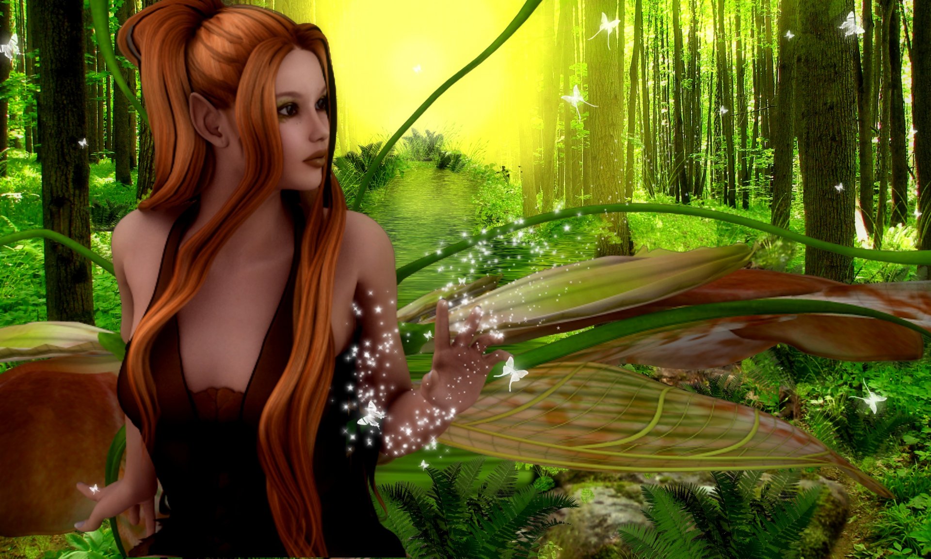 A fantasy fairy with long, flowing hair stands amidst a lush green forest, surrounded by sparkling light, creating a magical atmosphere in this HD PC desktop wallpaper.
