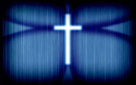 A serene HD wallpaper featuring a glowing white cross against a deep blue backdrop, embodying a strong religious and Christian theme.