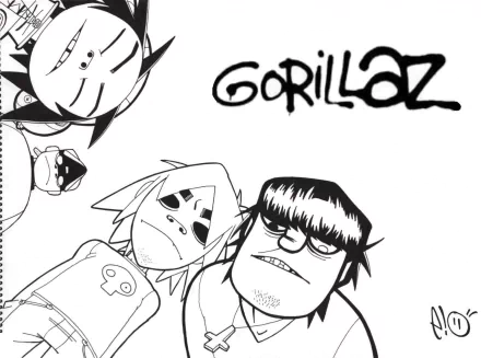 A high-definition desktop wallpaper featuring black and white illustrations of the characters from the music group Gorillaz, with the band's name prominently displayed at the top.