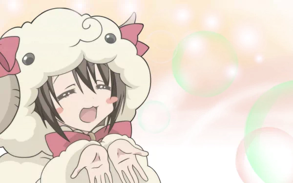 Anime HD PC desktop wallpaper of a Seitokai No Ichizon character in a fluffy sheep costume, smiling with outstretched hands against a soft pastel background with bubbles.