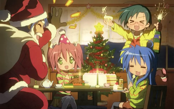 A festive scene featuring Yui Narumi, Yutaka Kobayakawa, Soujirou Izumi, and Konata Izumi celebrating Christmas in a cozy setting, surrounded by gifts and a decorated tree from the anime Lucky Star.
