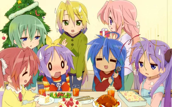 A festive scene from Lucky Star featuring Nanako Kuroi, Kagami Hiiragi, and others celebrating Christmas around a table full of food, captured in vibrant 4K Ultra HD.