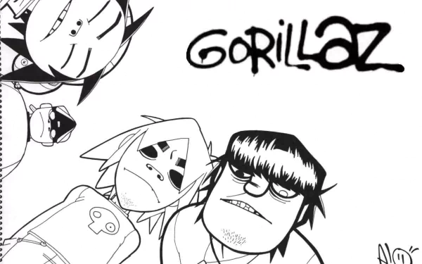 A high-definition desktop wallpaper featuring black and white illustrations of the characters from the music group Gorillaz, with the band's name prominently displayed at the top.