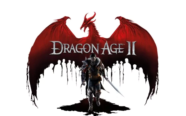 HD PC desktop wallpaper featuring a dark armored warrior with a sword in front of a red dragon silhouette and the Dragon Age II logo from the video game.