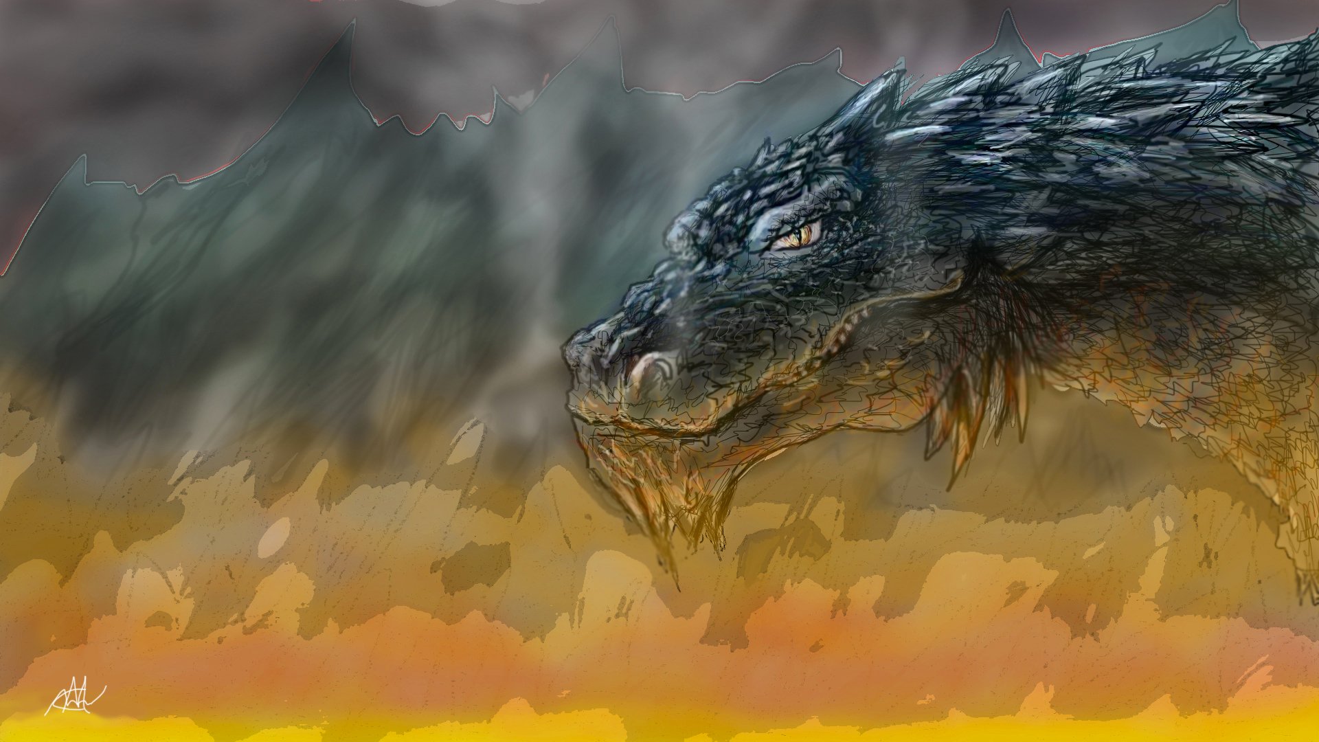 A striking fantasy dragon emerges from a smoky background, its fierce gaze captivating against a fiery landscape. This HD image serves as a powerful desktop wallpaper.