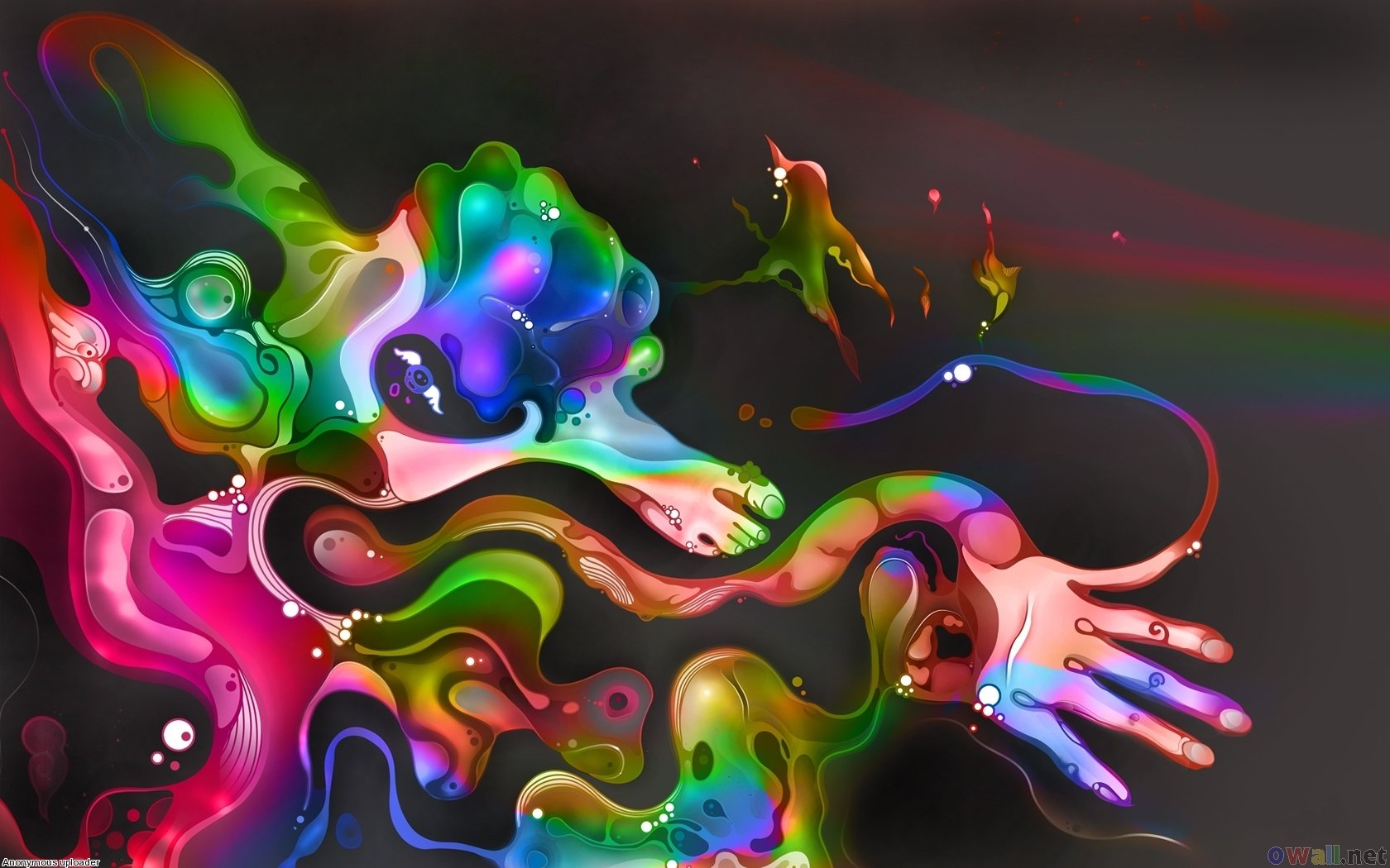 Vibrant, colorful artistic hand design with fluid, swirling patterns on a dark background, creating a dynamic HD PC desktop wallpaper.