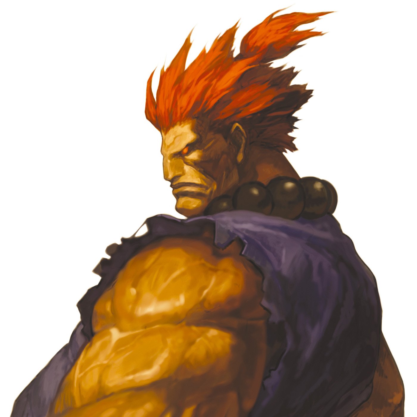 HD PC desktop wallpaper featuring a powerful Street Fighter character with fiery red hair and clenched fists, showcasing classic video game art style.