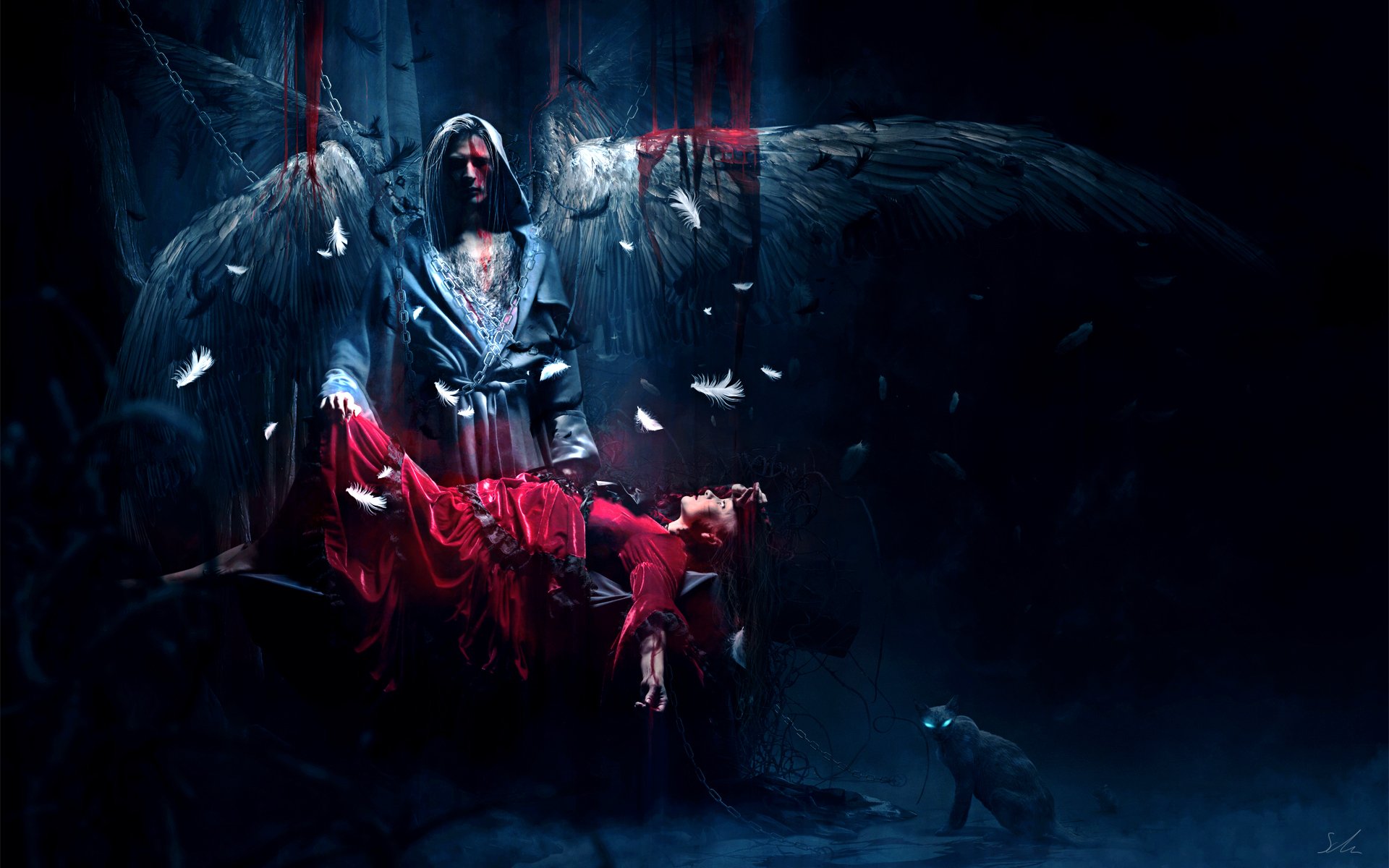 A dark angel cradles a fallen figure in a striking red dress, surrounded by ethereal feathers and an ominous atmosphere, creating a hauntingly beautiful HD desktop wallpaper.