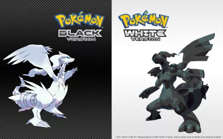 HD desktop wallpaper featuring legendary Pokémon Reshiram from Pokémon Black and Zekrom from Pokémon White, with corresponding game titles displayed above each Pokémon on a contrasting black and white background.