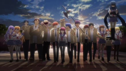 A vibrant HD wallpaper featuring characters from the anime Angel Beats! standing together against a dramatic sunset, showcasing their unique personalities and bond.