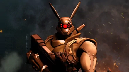 Anime-style robotic soldier from Appleseed with glowing red eyes, holding a weapon, set against a dark, smoky background in this HD PC desktop wallpaper.