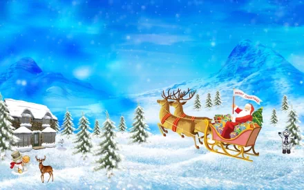 HD desktop wallpaper featuring Santa in a sleigh filled with gifts, pulled by reindeer over a snowy landscape. A Merry Christmas banner is held by Santa with a background of a cozy house and wintry mountains.
